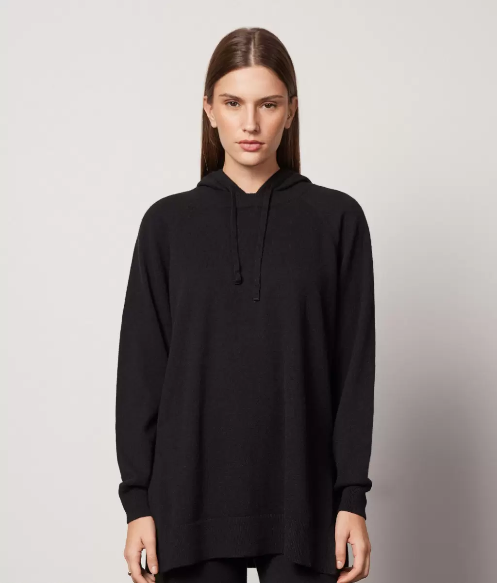 Black Długa Bluza Z Kapturem Z Kaszmiru Ultrasoft Falconeri Kobieta Swetry Z Okrągłym Dekoltem - 1