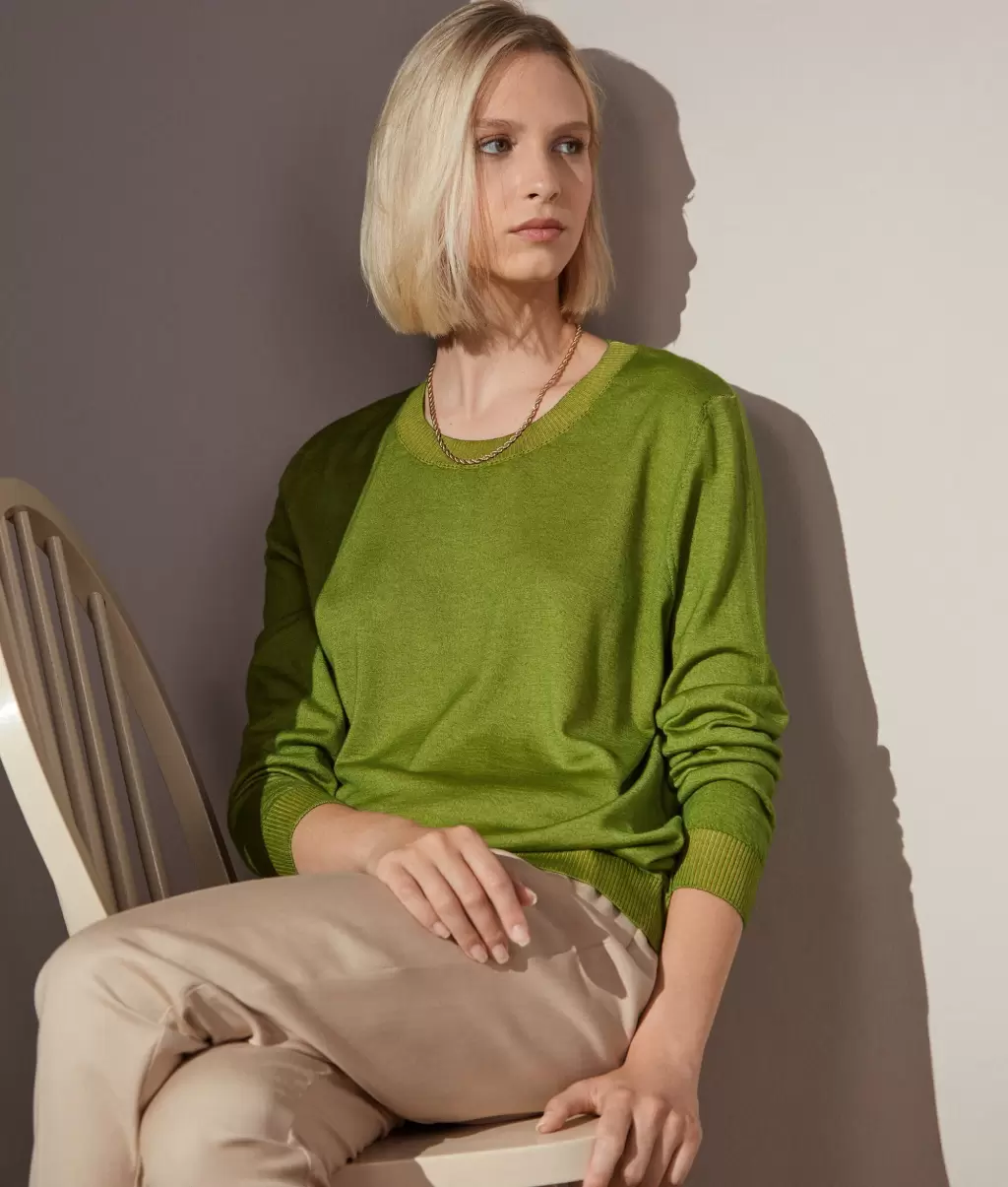 Swetry Z Okrągłym Dekoltem Kobieta Pulower Z Kaszmiru Ultrafine Green Falconeri