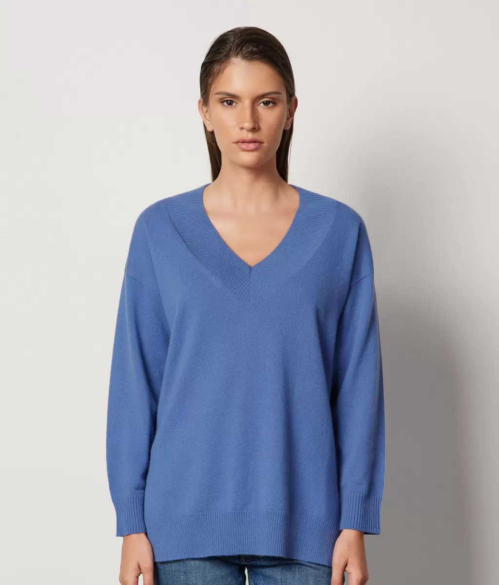 Light_Blue Sweter Maxi Z Dekoltem W Serek Z Kaszmiru Ultrasoft Swetry Z Dekoltem W Serek Falconeri Kobieta - 1