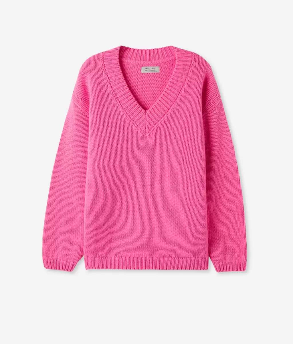 Pink Kobieta Swetry Z Dekoltem W Serek Falconeri Trykotowy Sweter Z Dekoltem W Serek Z Kaszmiru Ultrasoft - 4
