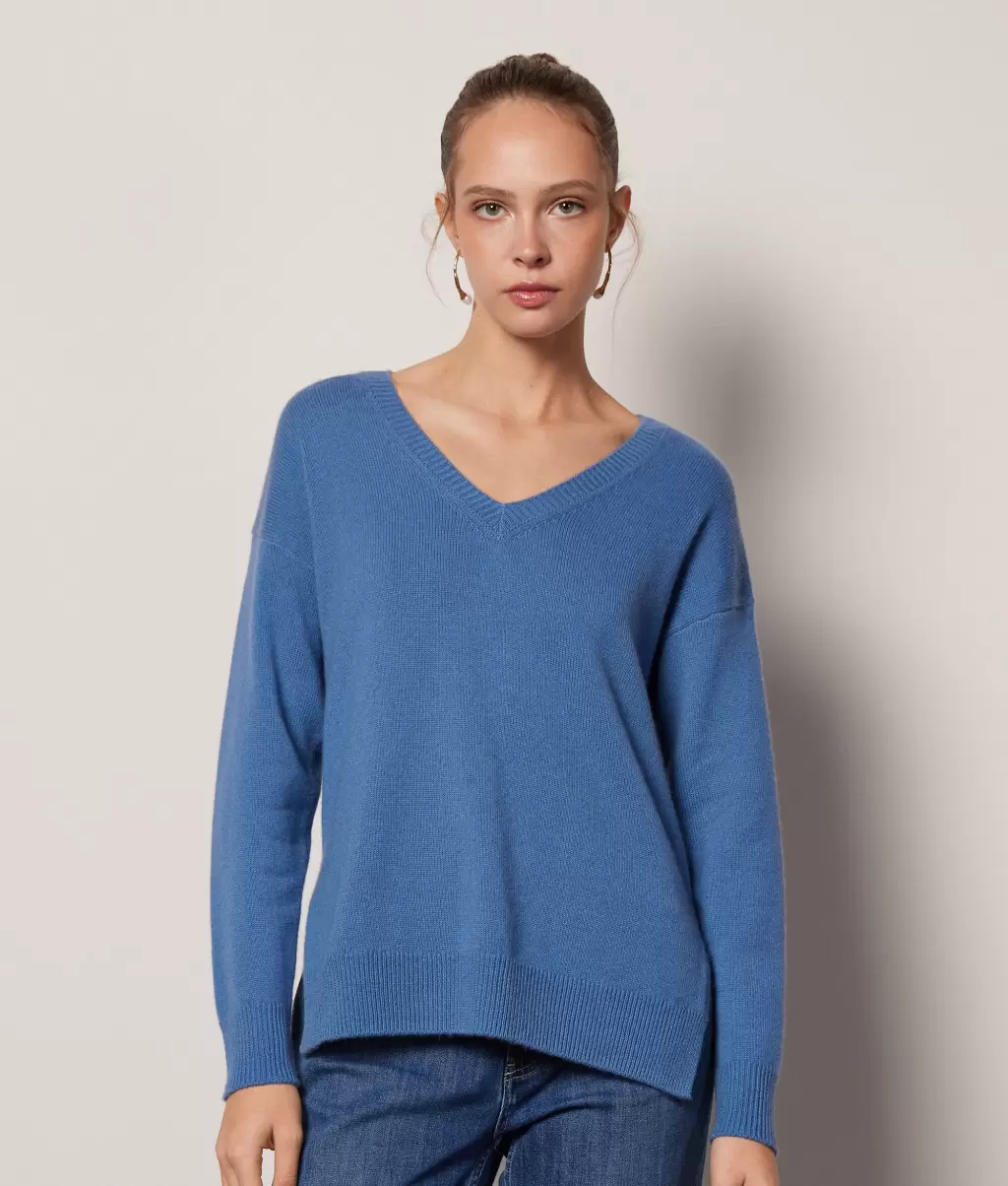 Kobieta Falconeri Sweter Z Dekoltem W Serek I Rozcięciami Z Kaszmiru Ultrasoft Blue Swetry Z Dekoltem W Serek - 1