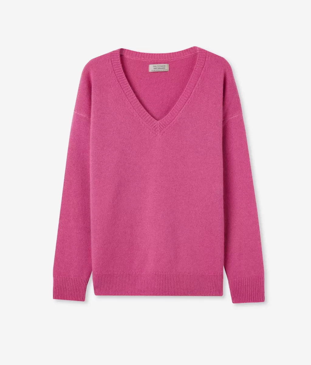 Kobieta Sweter Z Dekoltem W Serek I Rozcięciami Z Kaszmiru Ultrasoft Pink Swetry Z Dekoltem W Serek Falconeri - 4