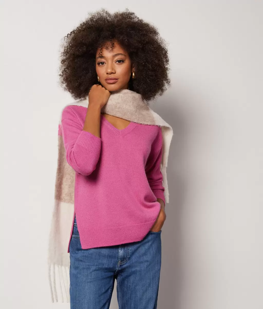 Kobieta Sweter Z Dekoltem W Serek I Rozcięciami Z Kaszmiru Ultrasoft Pink Swetry Z Dekoltem W Serek Falconeri