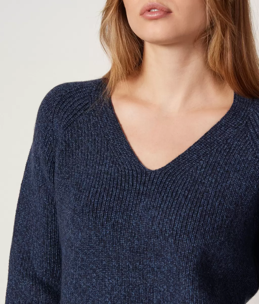Blue Falconeri Sweter Z Dekoltem W Serek Z Wełnianej Muliny Kobieta Swetry Z Dekoltem W Serek - 3