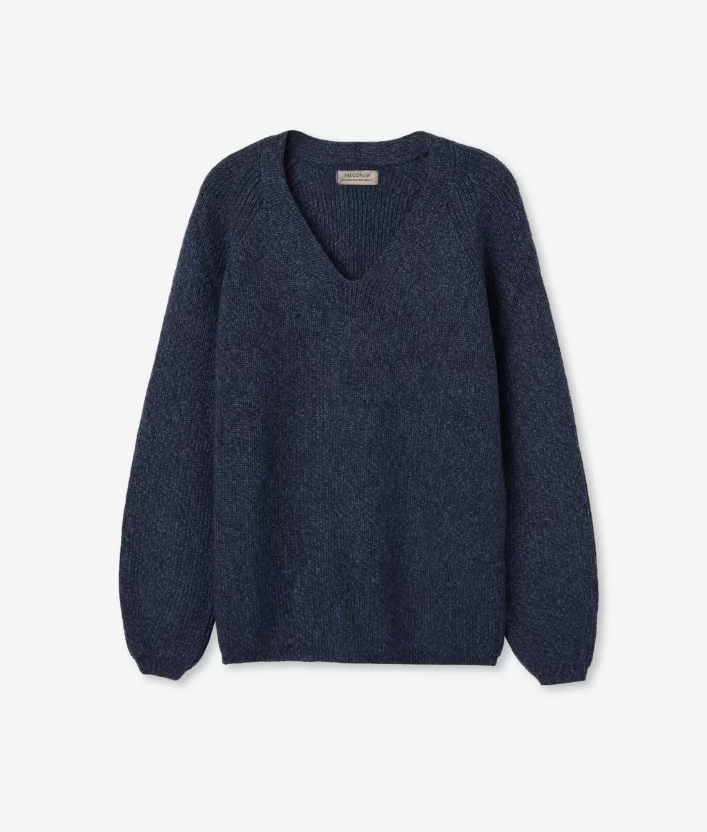 Blue Falconeri Sweter Z Dekoltem W Serek Z Wełnianej Muliny Kobieta Swetry Z Dekoltem W Serek - 4