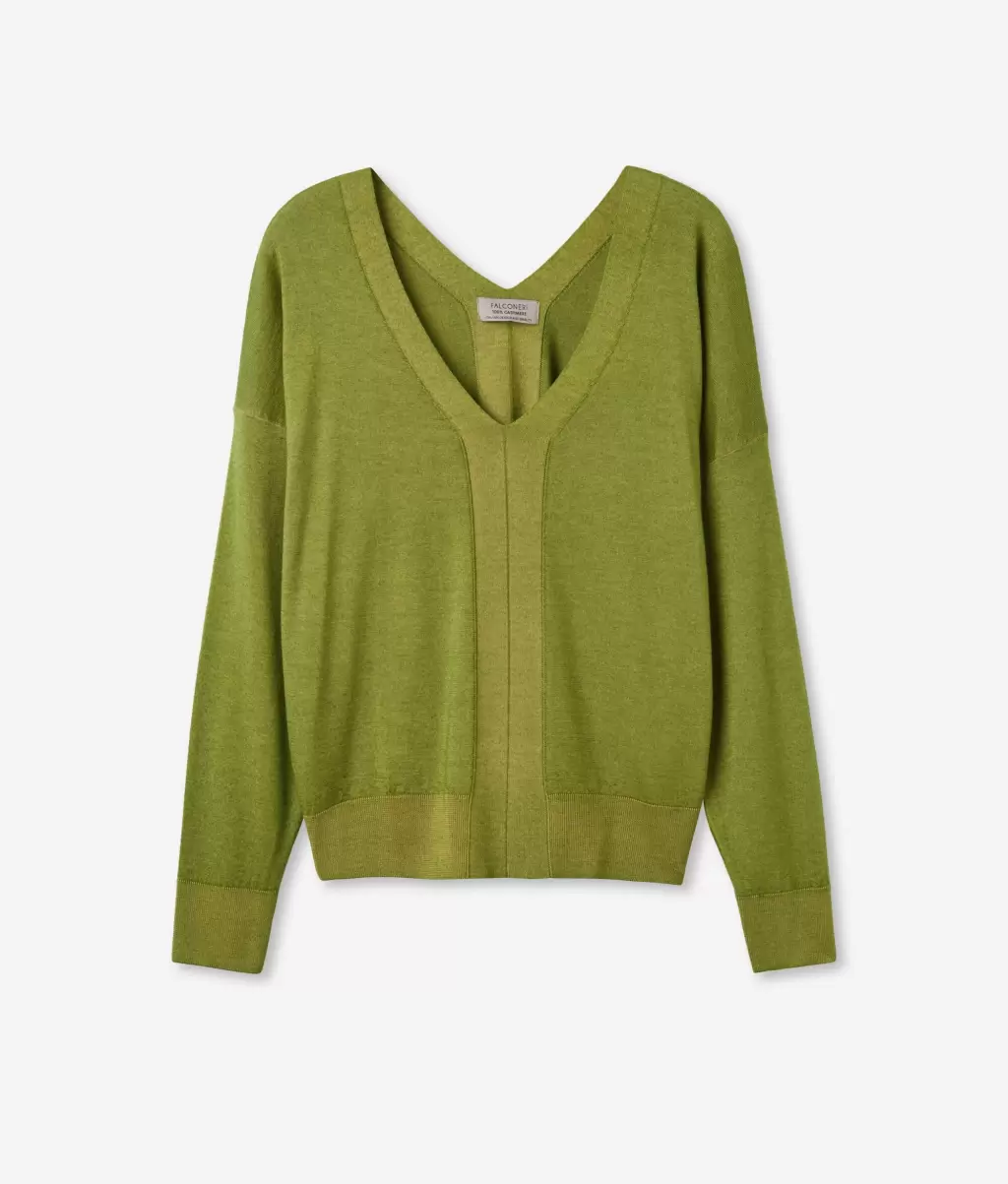 Swetry Z Dekoltem W Serek Green Kobieta Falconeri Sweter Z Dekoltem W Serek Z Kaszmiru Ultrafine - 4