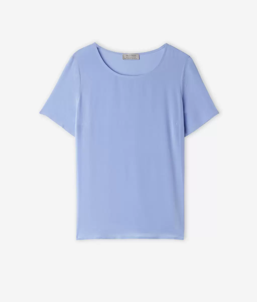 Jedwabna Koszulka Z Okrągłym Dekoltem Topy I T-Shirty Light_Blue Falconeri Kobieta - 4