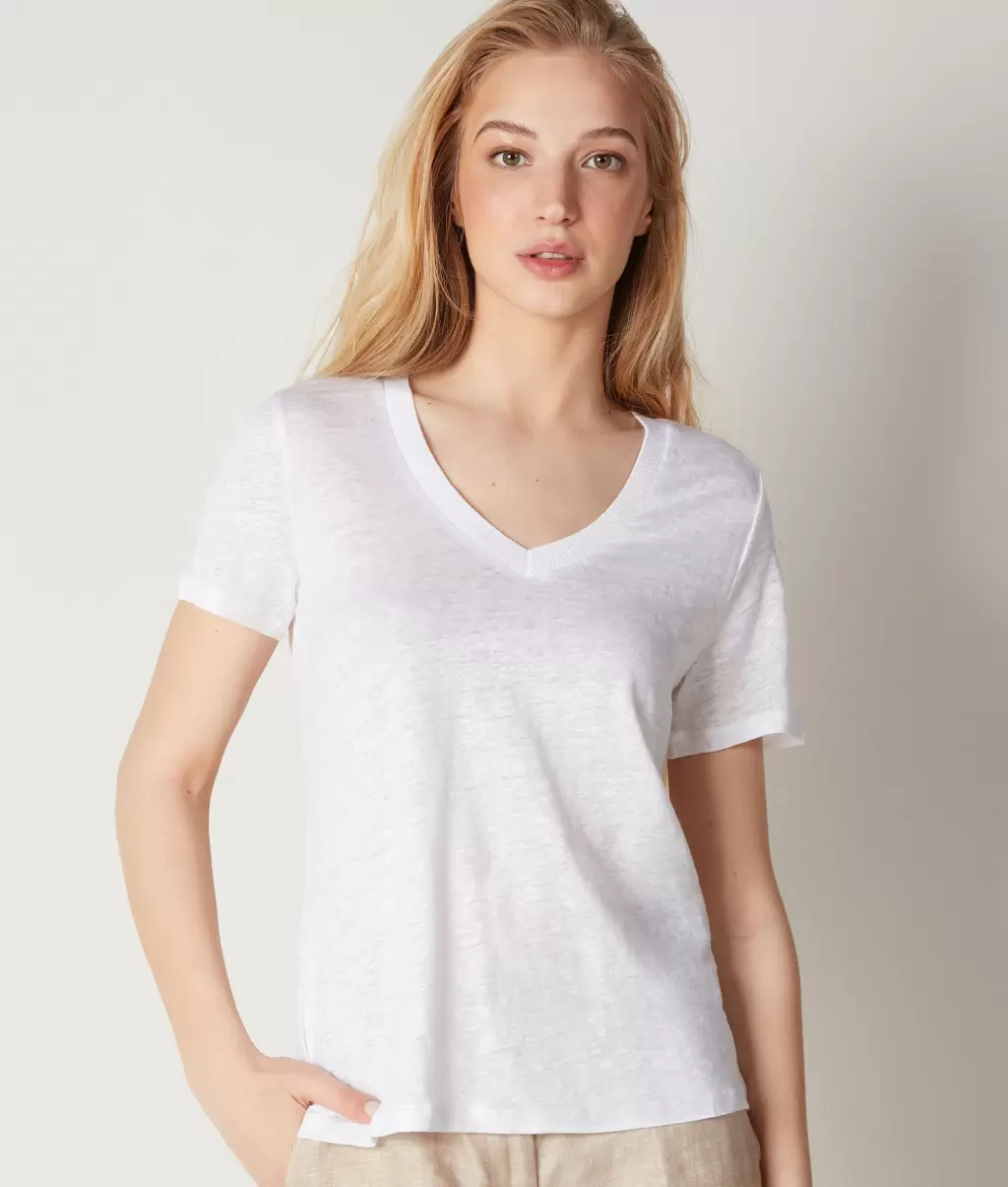 Kobieta Topy I T-Shirty Lniany T-Shirt Z Dekoltem W Serek I Dzianinowym Obszyciem White Falconeri - 1