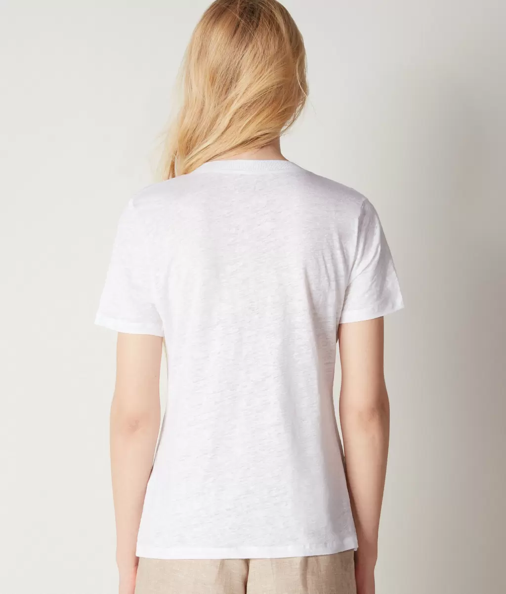 Kobieta Topy I T-Shirty Lniany T-Shirt Z Dekoltem W Serek I Dzianinowym Obszyciem White Falconeri - 2