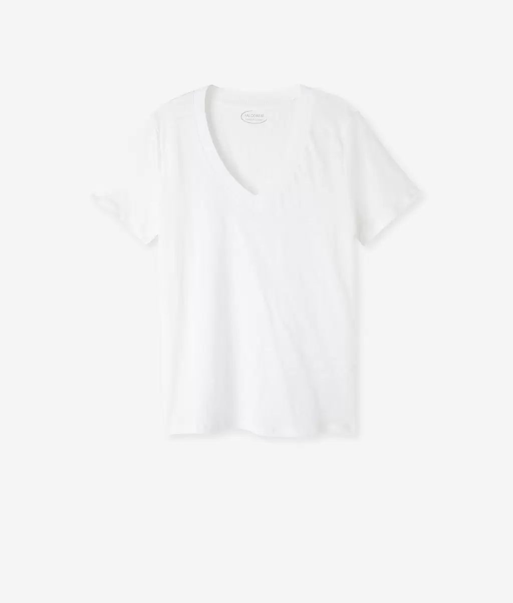 Kobieta Topy I T-Shirty Lniany T-Shirt Z Dekoltem W Serek I Dzianinowym Obszyciem White Falconeri - 4