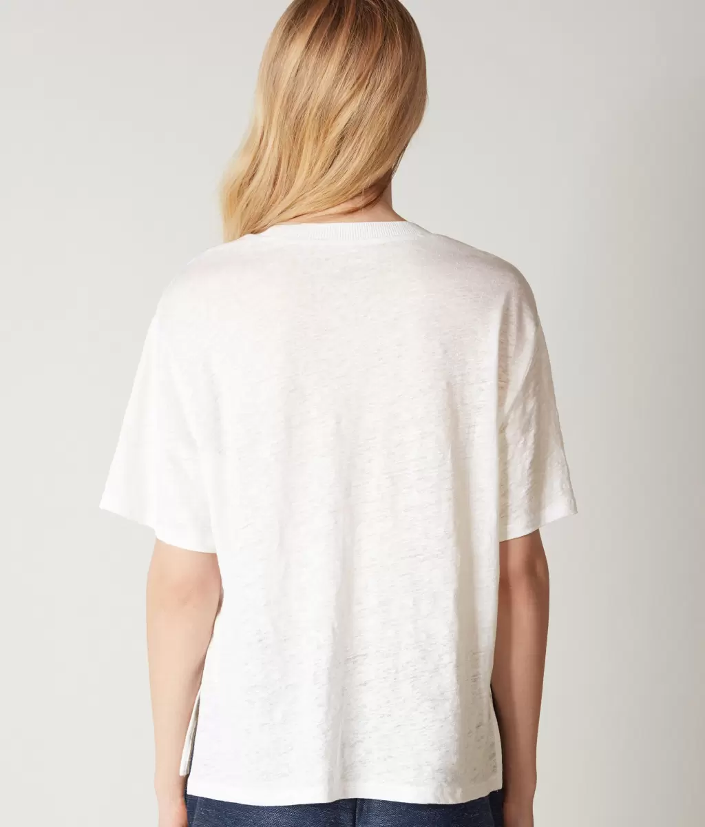Falconeri Kobieta Topy I T-Shirty Lniany T-Shirt Z Okrągłym Dekoltem I Dzianinowym Obszyciem White - 2