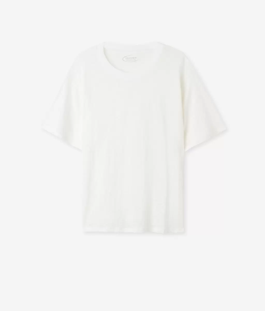 Falconeri Kobieta Topy I T-Shirty Lniany T-Shirt Z Okrągłym Dekoltem I Dzianinowym Obszyciem White - 4