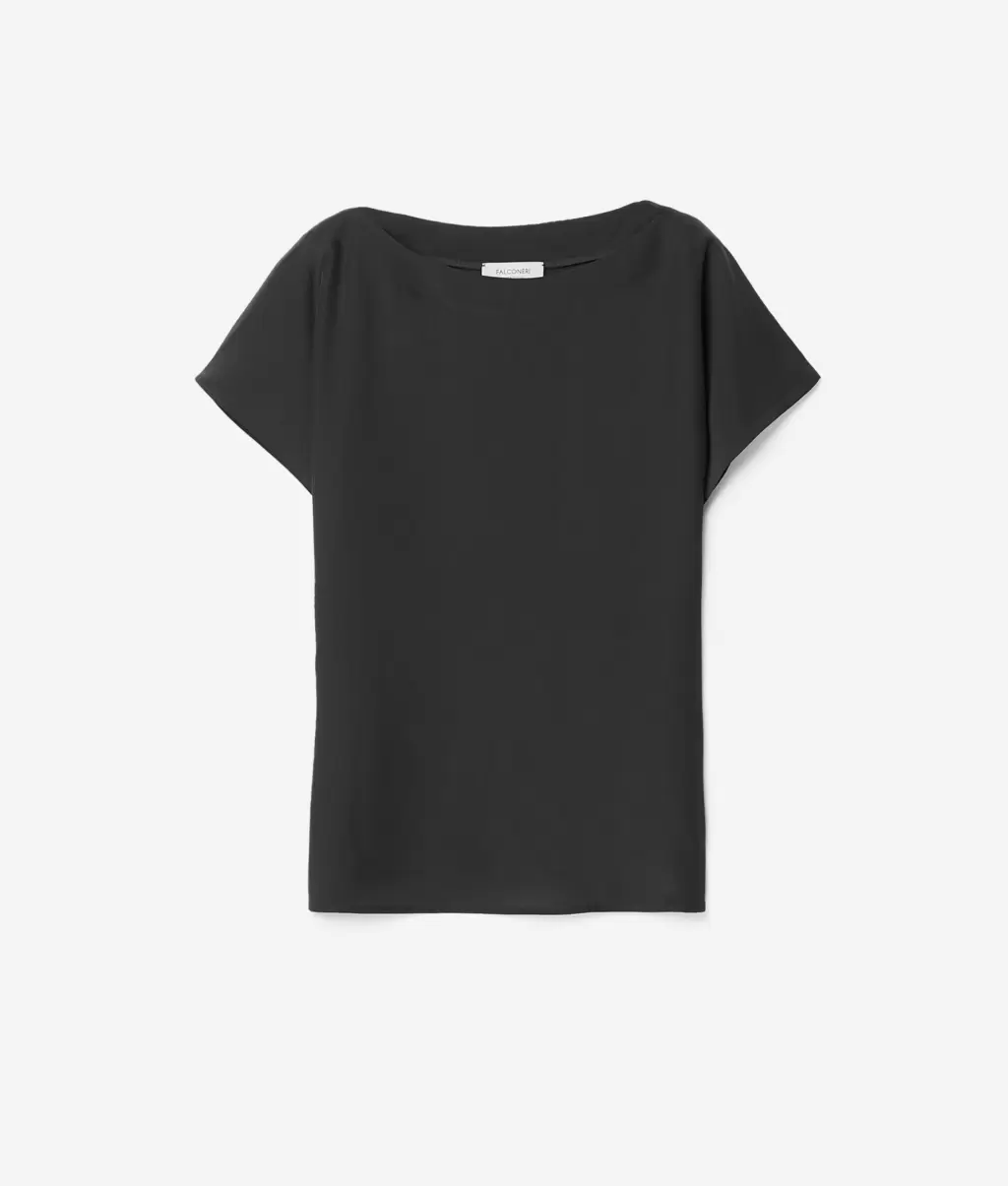 Koszulka Z Dekoltem W Łódkę Z Jedwabiu I Modalu Topy I T-Shirty Kobieta Black Falconeri - 3