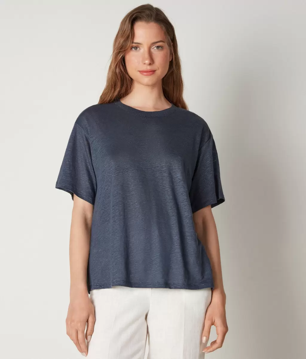 Kobieta Topy I T-Shirty Falconeri Lniany T-Shirt Z Okrągłym Dekoltem I Dzianinowym Obszyciem Blue - 1