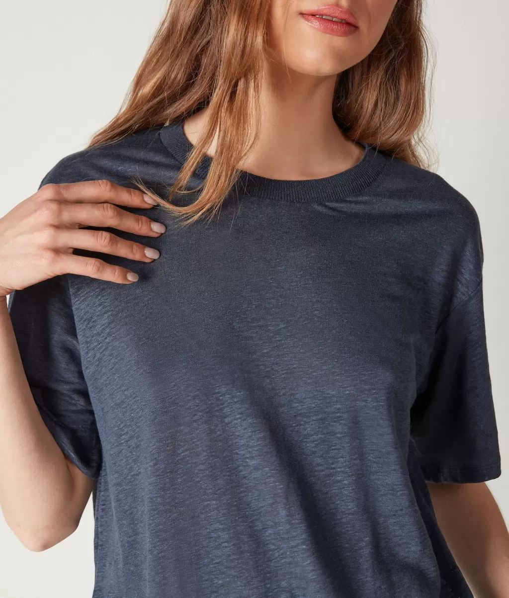 Kobieta Topy I T-Shirty Falconeri Lniany T-Shirt Z Okrągłym Dekoltem I Dzianinowym Obszyciem Blue - 3