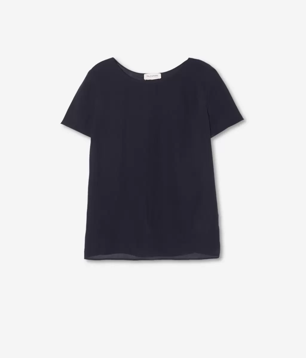 Topy I T-Shirty Falconeri Kobieta Jedwabna Koszulka Z Okrągłym Dekoltem Blue - 4