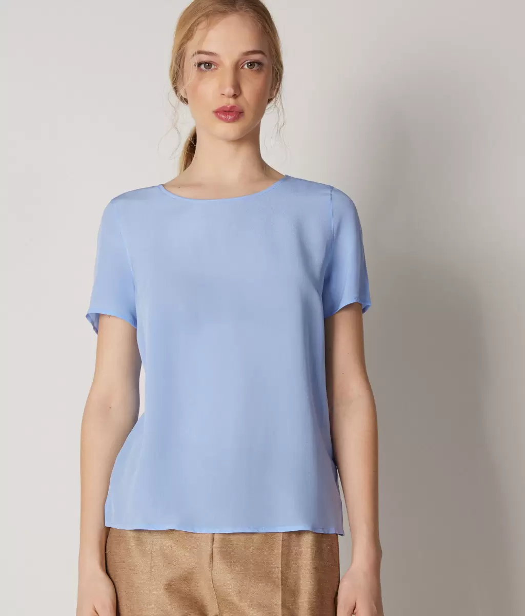 Blue Jedwabna Koszulka Z Okrągłym Dekoltem Falconeri Topy I T-Shirty Kobieta - 1