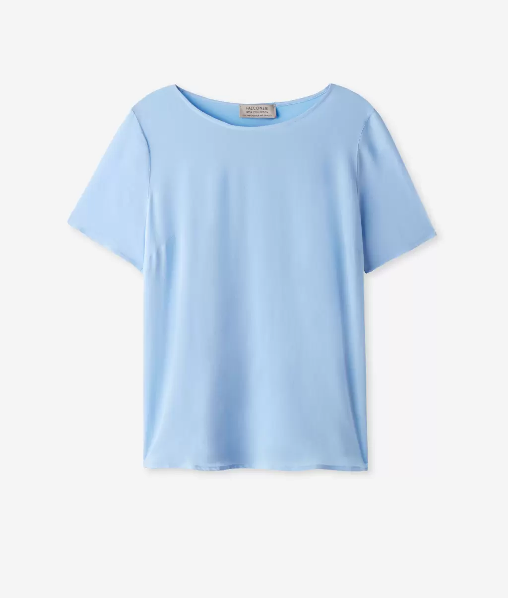 Blue Jedwabna Koszulka Z Okrągłym Dekoltem Falconeri Topy I T-Shirty Kobieta - 4
