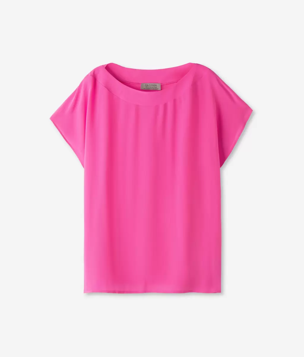 Koszulka Z Dekoltem W Łódkę Z Jedwabiu I Modalu Kobieta Topy I T-Shirty Pink Falconeri - 4