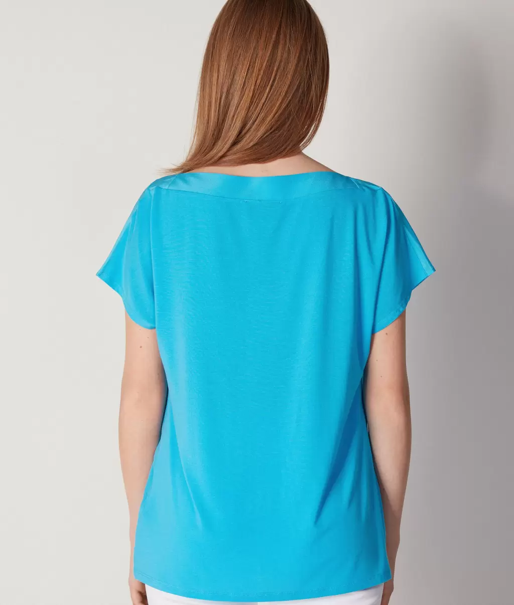 Koszulka Z Dekoltem W Łódkę Z Jedwabiu I Modalu Blue Topy I T-Shirty Kobieta Falconeri - 2