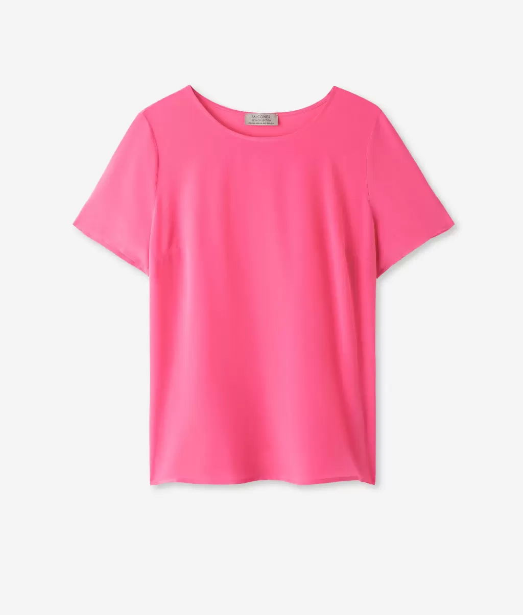 Topy I T-Shirty Kobieta Jedwabna Koszulka Z Okrągłym Dekoltem Falconeri Pink - 4