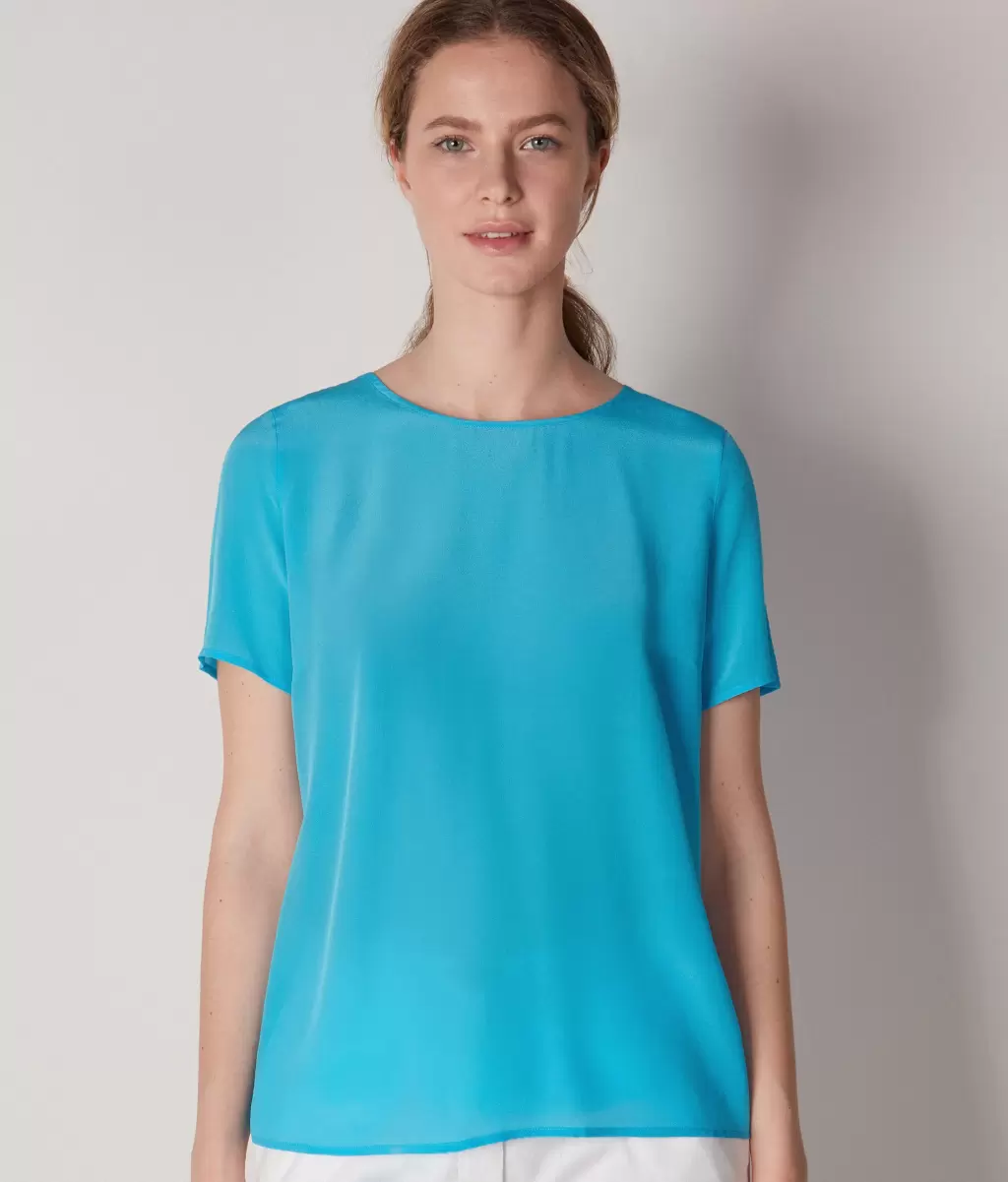 Topy I T-Shirty Falconeri Blue Jedwabna Koszulka Z Okrągłym Dekoltem Kobieta - 1
