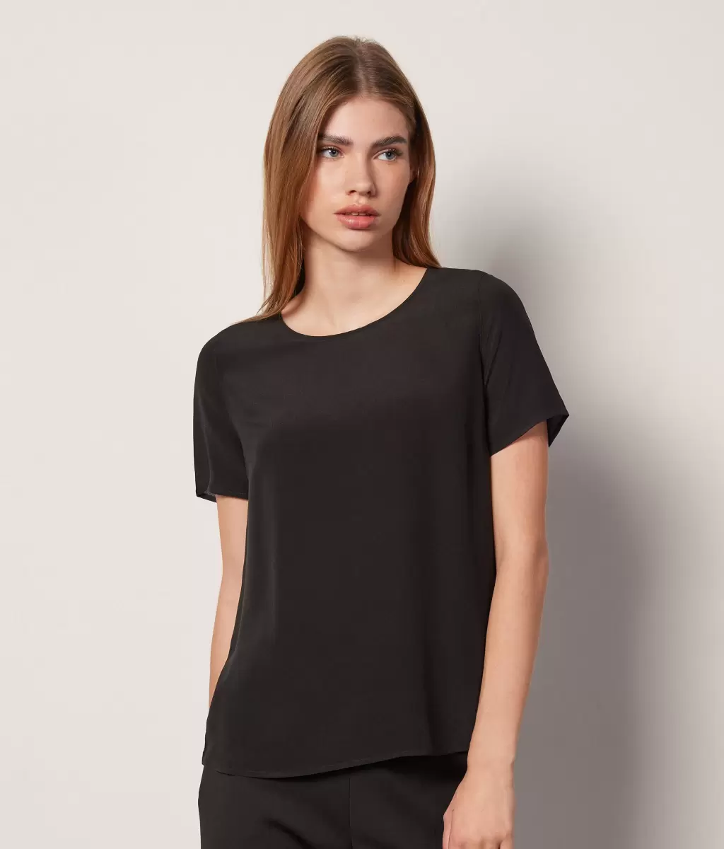 Black Falconeri Kobieta Jedwabna Koszulka Z Okrągłym Dekoltem Topy I T-Shirty - 1