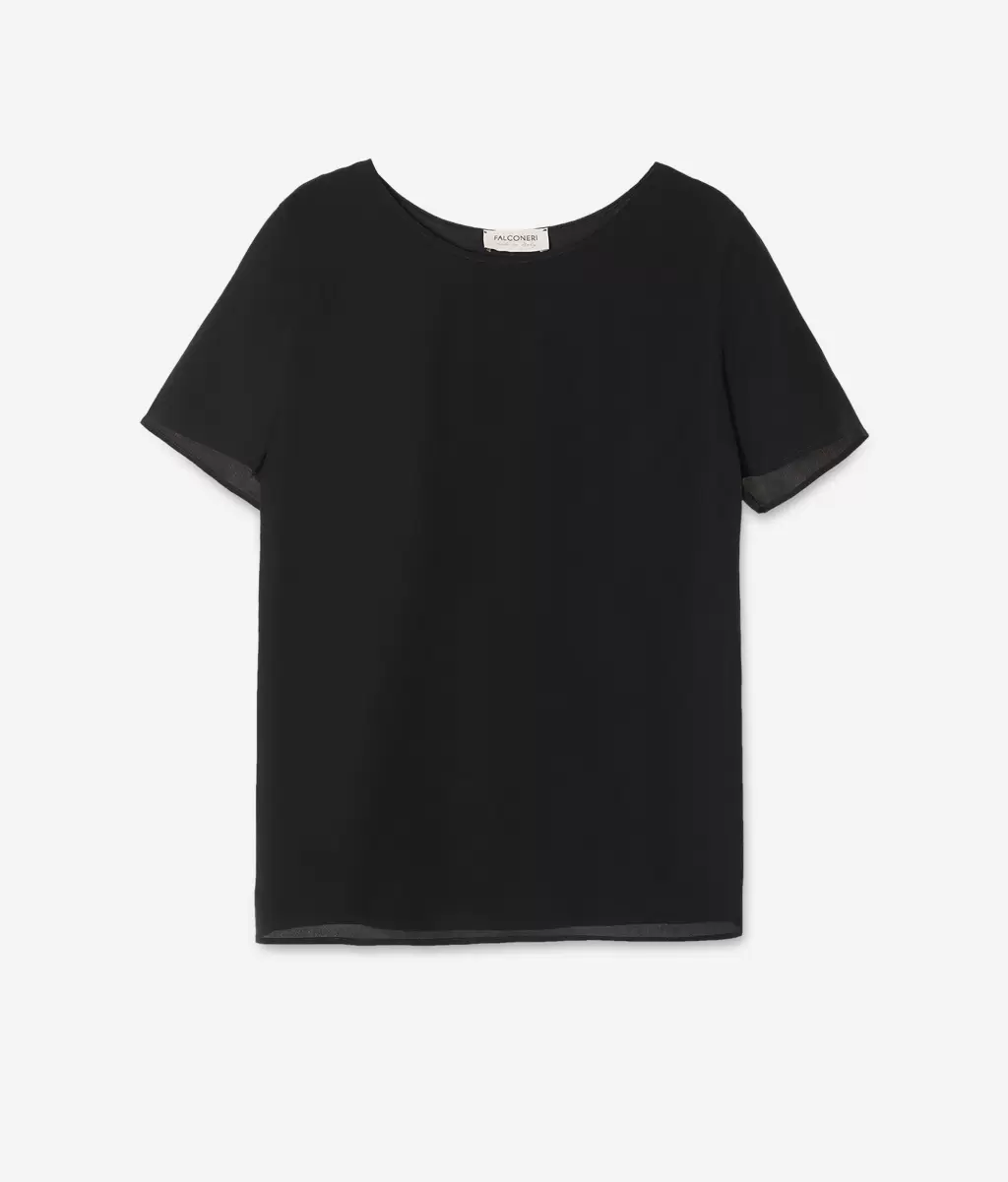 Black Falconeri Kobieta Jedwabna Koszulka Z Okrągłym Dekoltem Topy I T-Shirty - 4