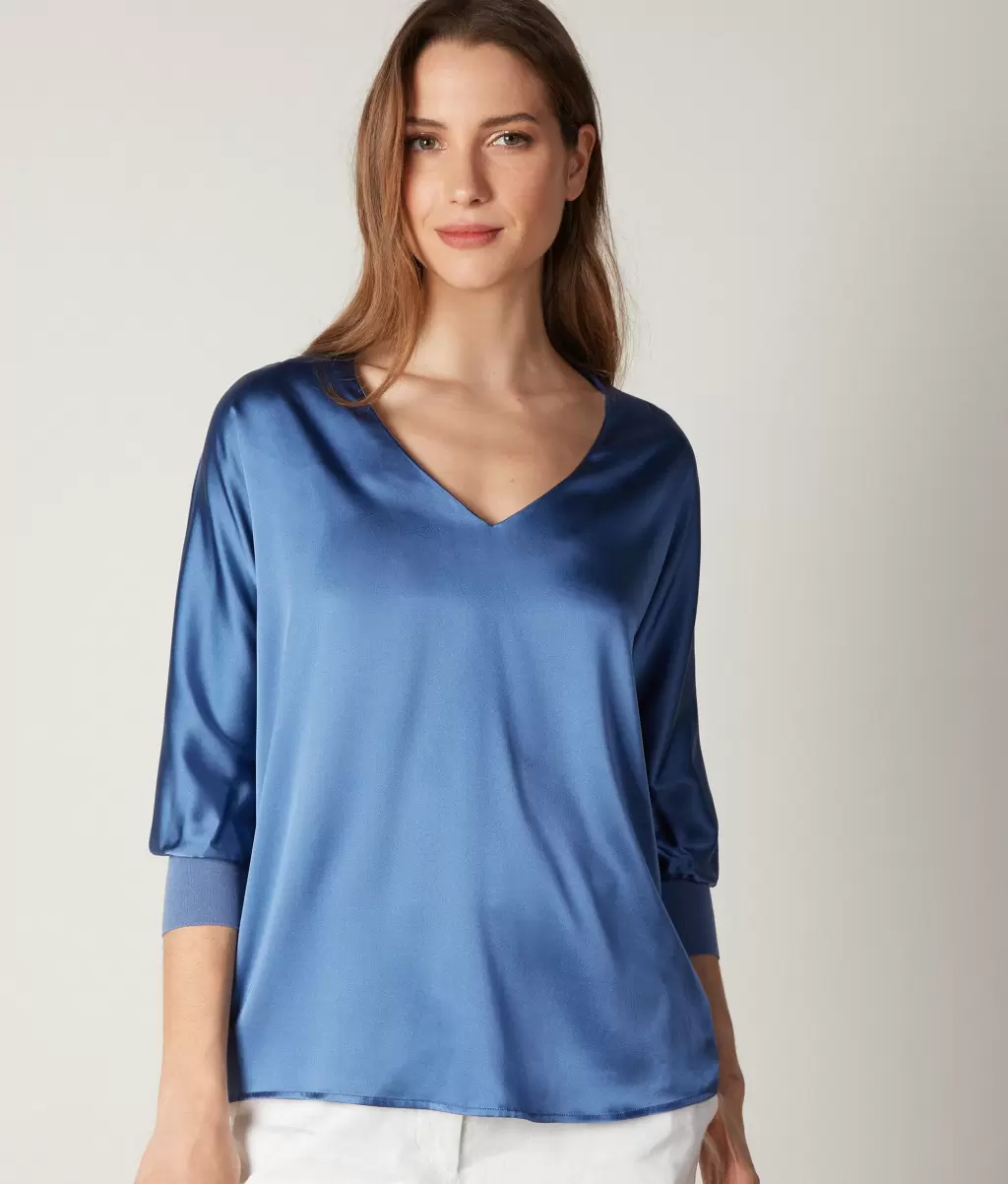 Jedwabna Bluzka Z Dekoltem W Serek Kobieta Falconeri Koszule I Bluzki Blue - 1