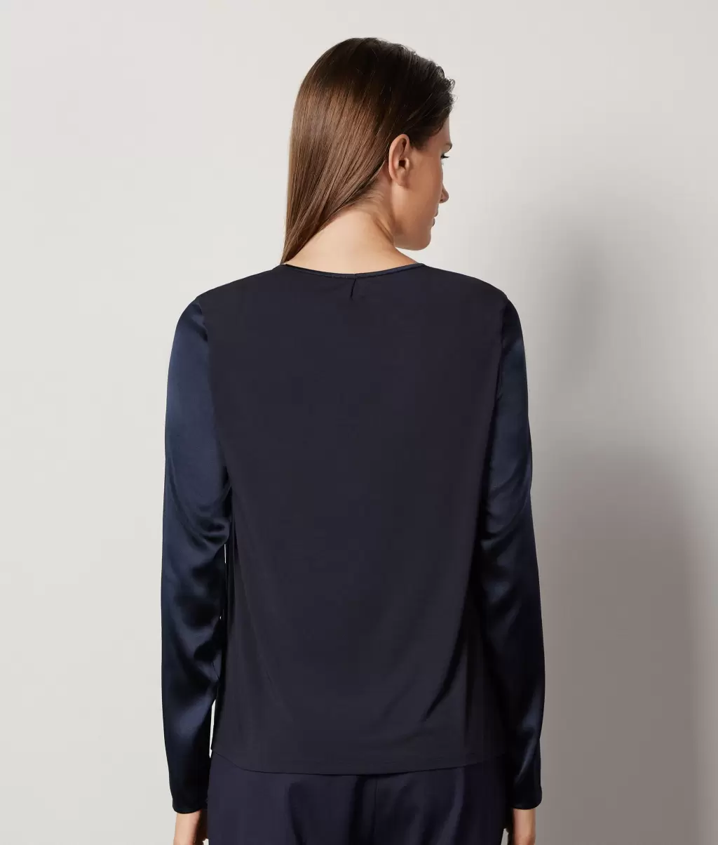 Falconeri Kobieta Koszule I Bluzki Bluzka Z Okrągłym Dekoltem Z Satyny Jedwabnej Blue - 2