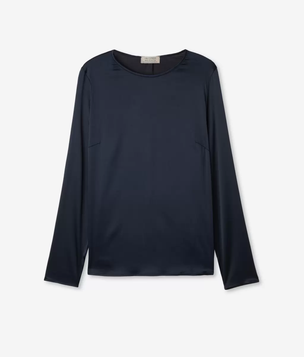 Falconeri Kobieta Koszule I Bluzki Bluzka Z Okrągłym Dekoltem Z Satyny Jedwabnej Blue - 4