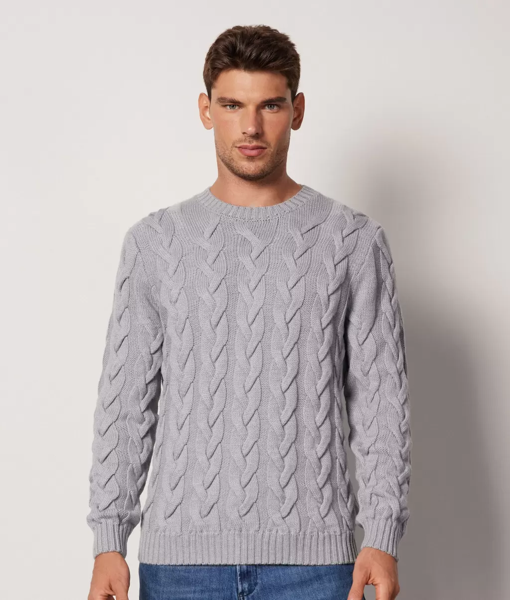Falconeri Swetry Z Okrągłym Dekoltem Pulower Z Wełny Merynosa Z Warkoczowym Splotem Pale_Grey Mężczyzna - 1