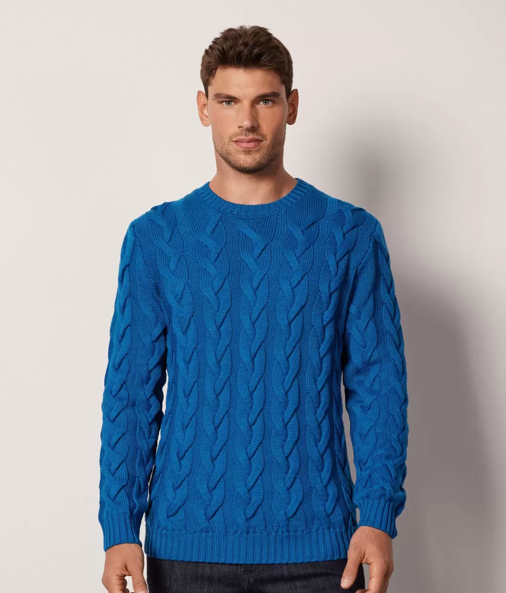 Pulower Z Wełny Merynosa Z Warkoczowym Splotem Falconeri Blue Swetry Z Okrągłym Dekoltem Mężczyzna - 1