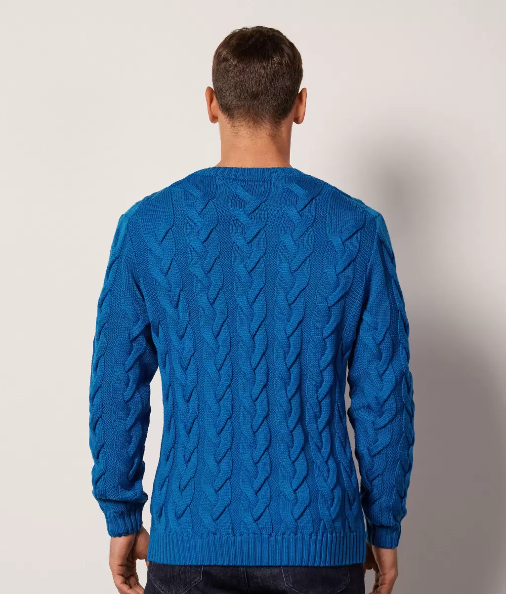 Pulower Z Wełny Merynosa Z Warkoczowym Splotem Falconeri Blue Swetry Z Okrągłym Dekoltem Mężczyzna - 2