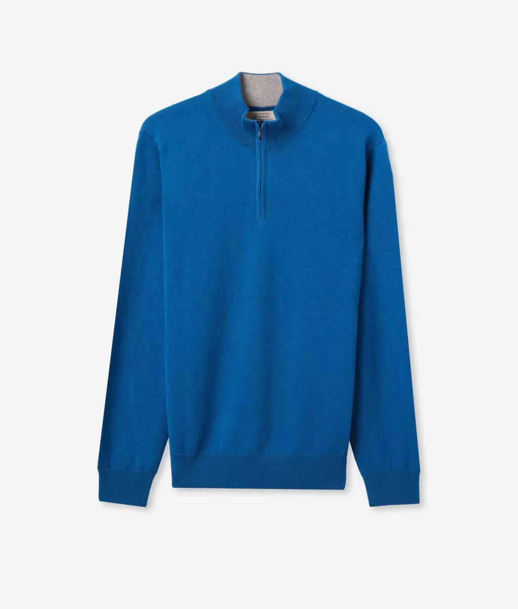 Falconeri Swetry Z Dekoltem W Serek Sweter Ze Stójką I Suwakiem Pod Szyją Z Kaszmiru Ultrasoft Mężczyzna Blue - 4