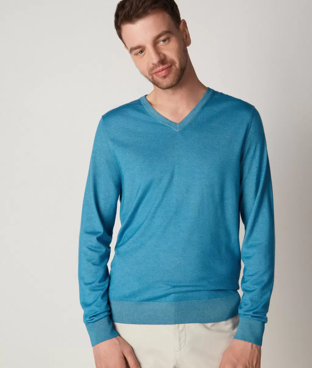 Falconeri Sweter Z Dekoltem W Serek Z Kaszmiru Ultrafine Swetry Z Dekoltem W Serek Mężczyzna Blue - 1
