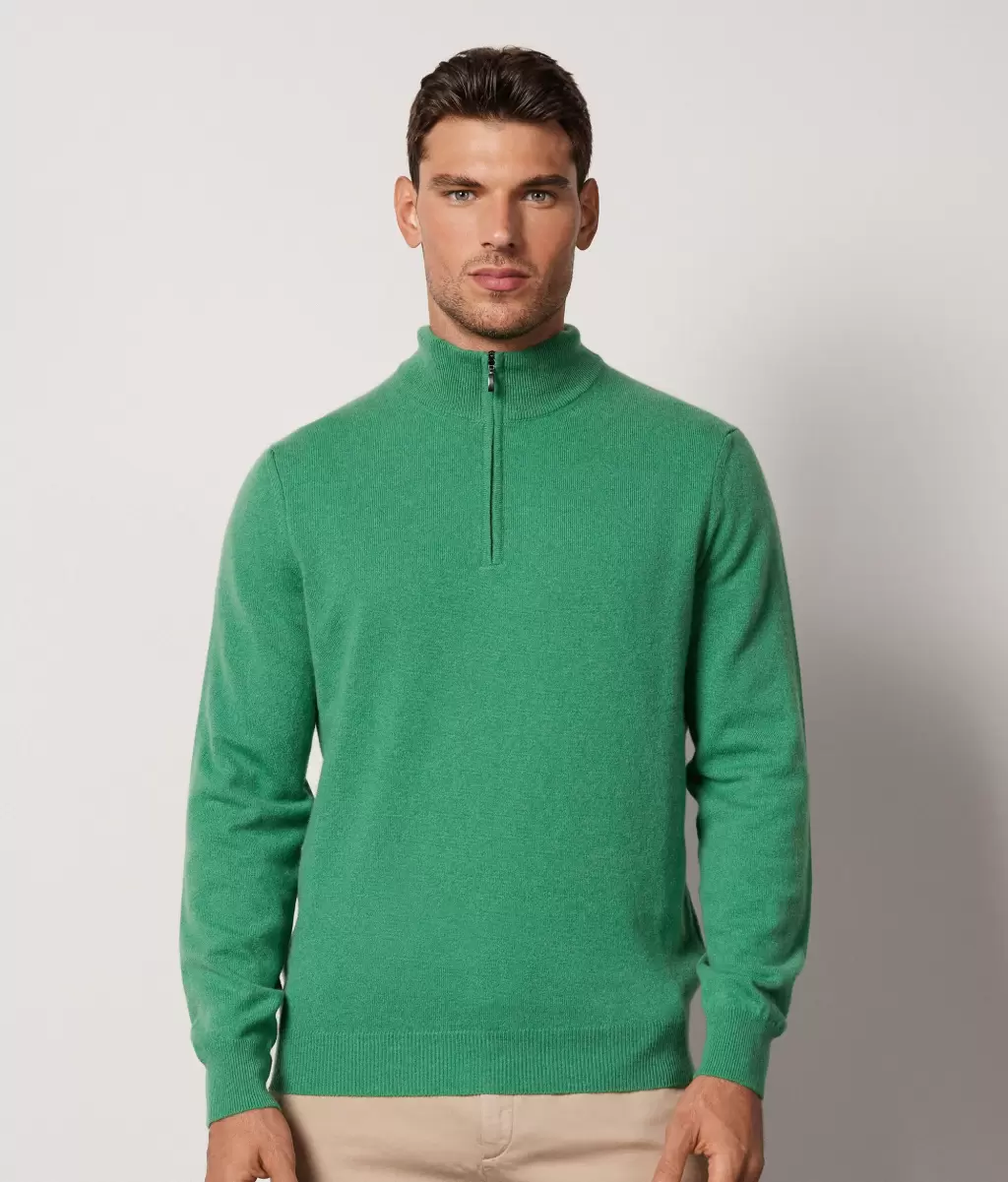 Sweter Ze Stójką I Suwakiem Pod Szyją Z Kaszmiru Ultrasoft Swetry Z Dekoltem W Serek Falconeri Green Mężczyzna - 1