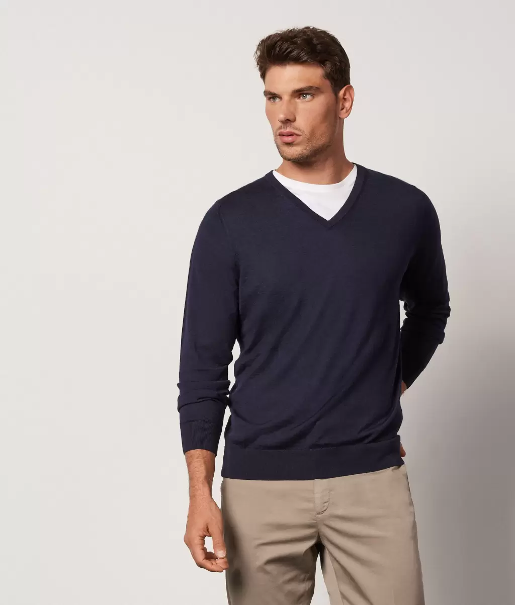 Swetry Z Dekoltem W Serek Blue Falconeri Sweter Z Dekoltem W Serek Z Kaszmiru Ultrafine Mężczyzna