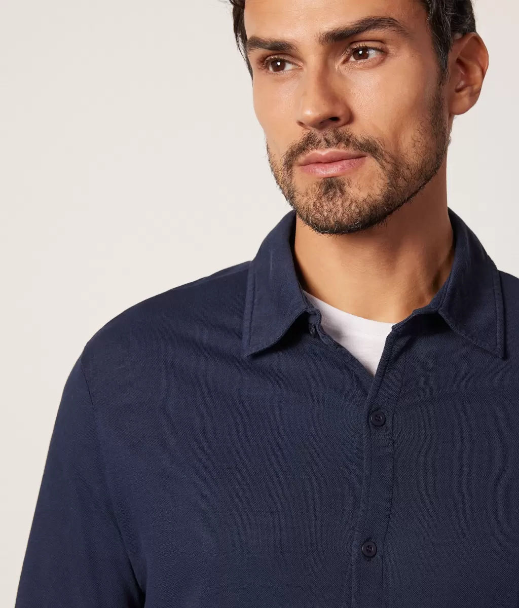 Koszule Falconeri Koszula Z Piki Bawełniano-Jedwabnej Blue Mężczyzna - 3