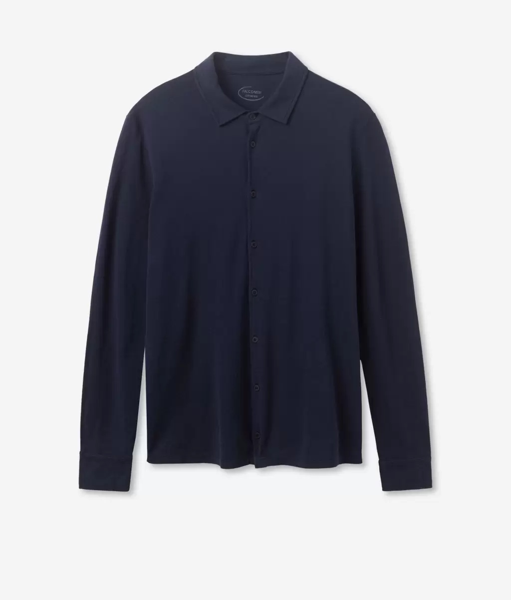 Koszule Falconeri Koszula Z Piki Bawełniano-Jedwabnej Blue Mężczyzna - 4