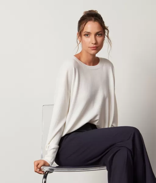 Sweter Z Okrągłym Dekoltem I Rozcięciami Z Kaszmiru Ultrasoft Kobieta Swetry Z Okrągłym Dekoltem Falconeri White