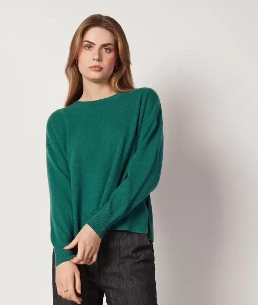 Dark_Green Sweter Z Okrągłym Dekoltem I Rozcięciami Z Kaszmiru Ultrasoft Falconeri Kobieta Swetry Z Okrągłym Dekoltem