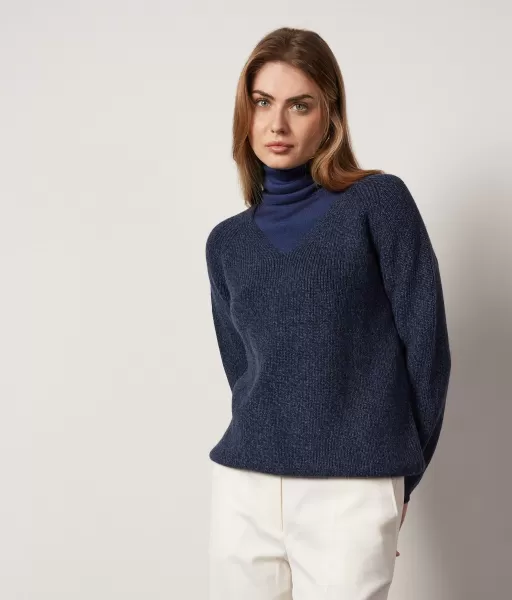 Blue Falconeri Sweter Z Dekoltem W Serek Z Wełnianej Muliny Kobieta Swetry Z Dekoltem W Serek
