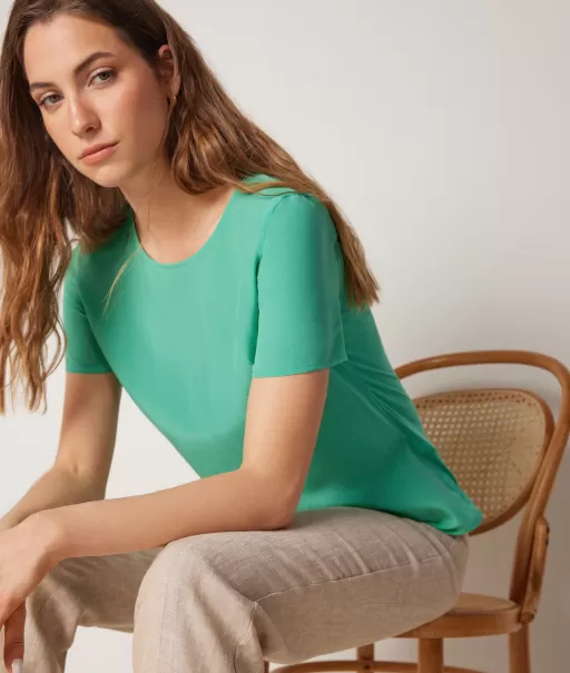 Kobieta Topy I T-Shirty Green Jedwabna Koszulka Z Okrągłym Dekoltem Falconeri