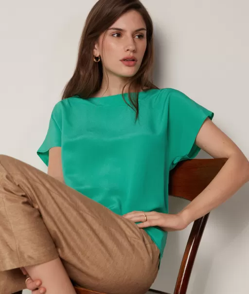 Koszulka Z Dekoltem W Łódkę Z Jedwabiu I Modalu Kobieta Green Falconeri Topy I T-Shirty