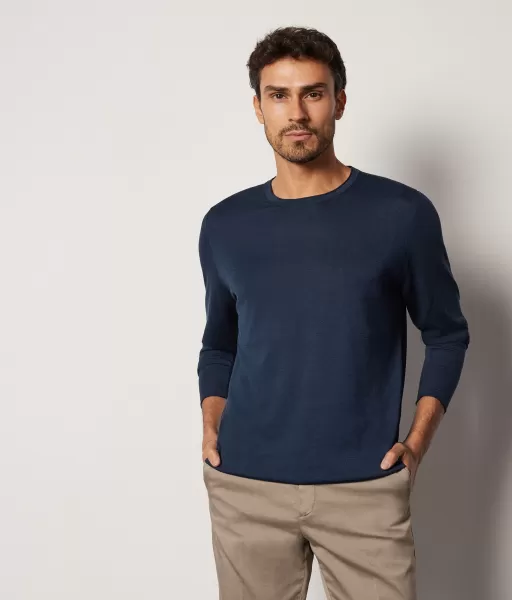 Mężczyzna Sweter Z Jedwabiu I Bawełny Swetry Z Okrągłym Dekoltem Blue Falconeri