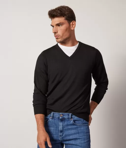 Falconeri Sweter Z Dekoltem W Serek Z Kaszmiru Ultrafine Black Swetry Z Dekoltem W Serek Mężczyzna